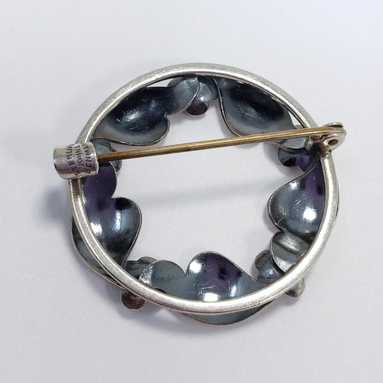 John L Denmark Sterling Silver Round Flower and Leaf Brooch Pin, Sterling Silver