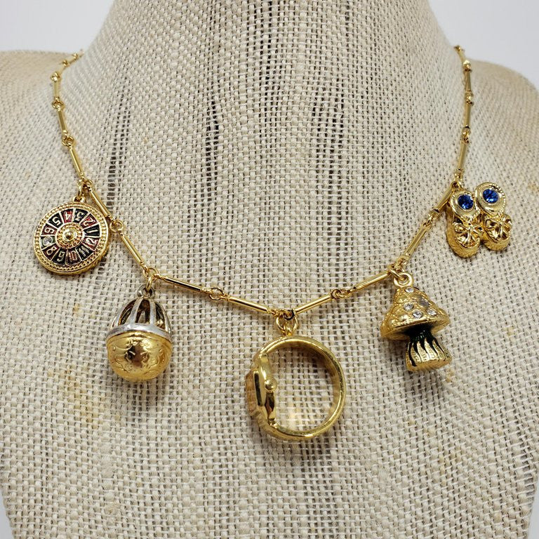 Kenneth Jay Lane Bar Link Charm Necklace in Gold, features Ring, Tree, Roulette