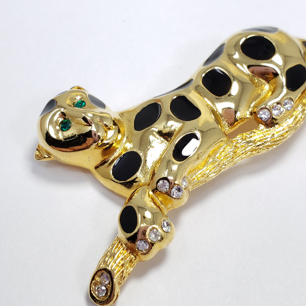 Lounging Leopard on Branch, Black Enamel and White and Green Crystals in Gold Tone