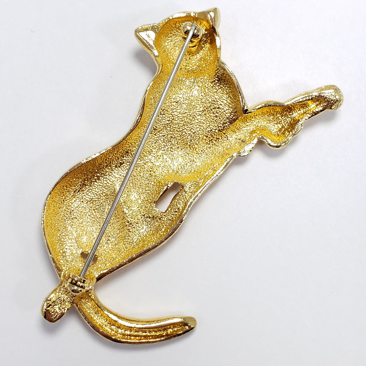 Lounging Leopard on Branch, Black Enamel and White and Green Crystals in Gold Tone