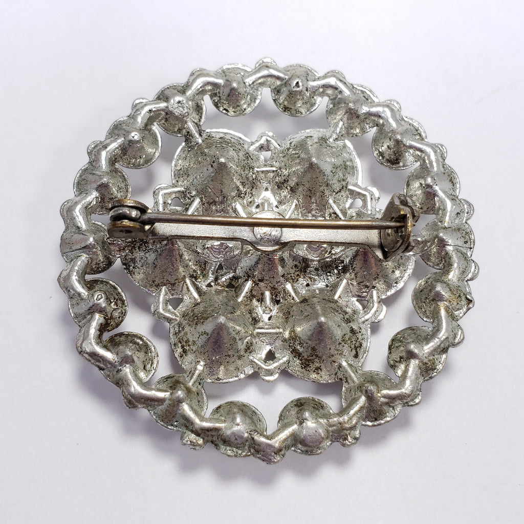 Vintage Pot Metal Clear Rhinestones Round Pin Brooch
