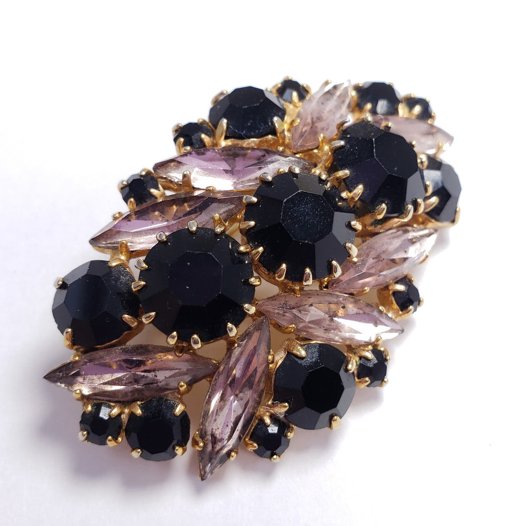 Rose and Jet Colored Prong Set Crystal Cluster Pin Brooch in Gold Tone