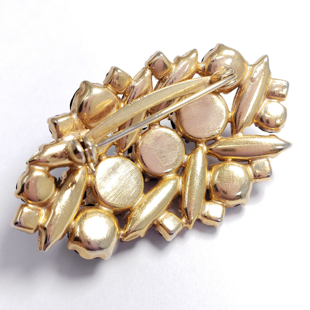 Rose and Jet Colored Prong Set Crystal Cluster Pin Brooch in Gold Tone