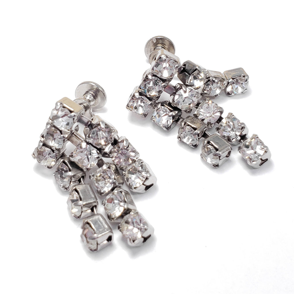 Art Deco Dangling Strand Clear Crystal Silver Tone Earrings, Screw Backs