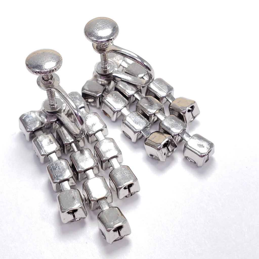 Art Deco Dangling Strand Clear Crystal Silver Tone Earrings, Screw Backs