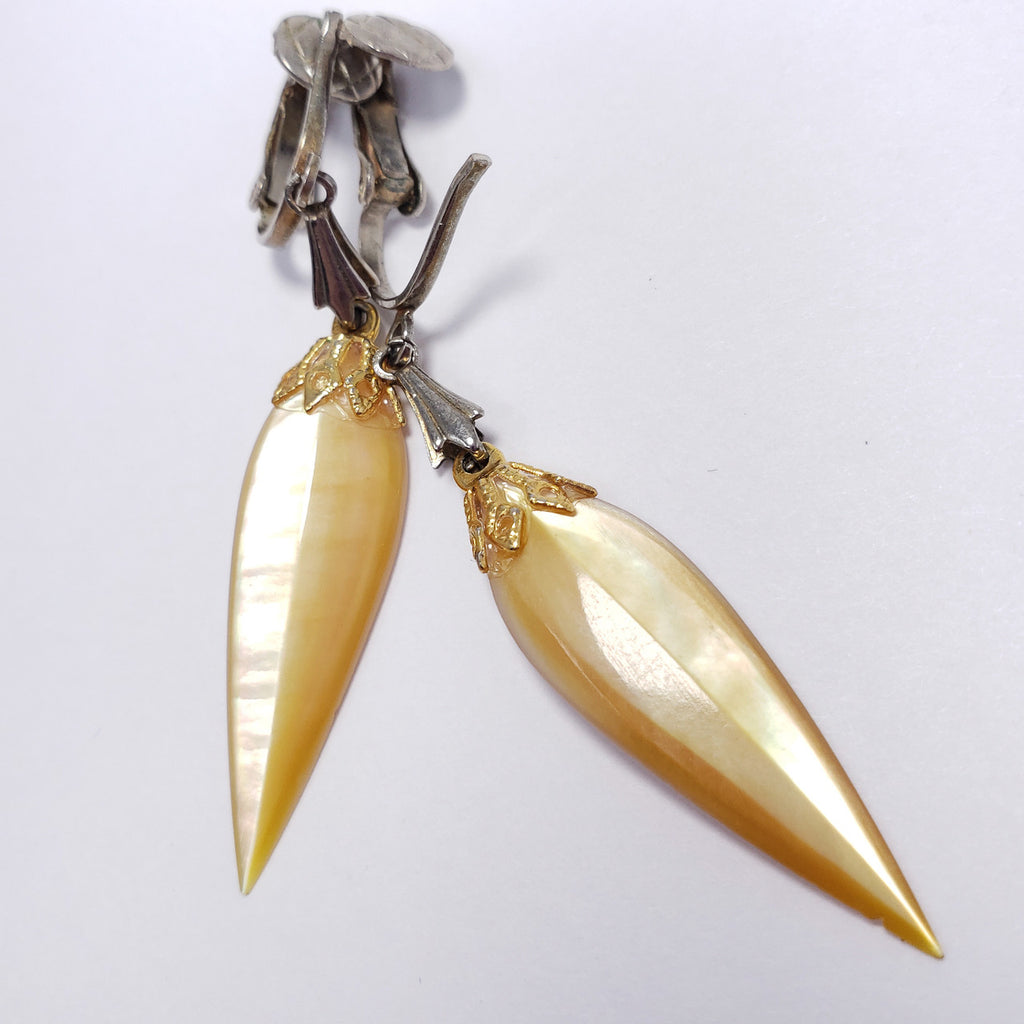 Dangling Clip On Earrings with Pointed Faceted Translucent Yellow Resin Accents