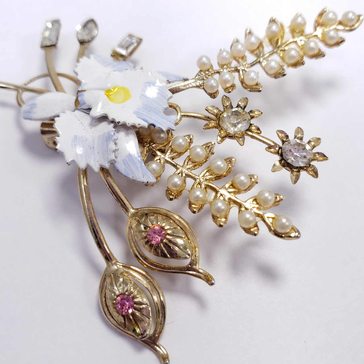 Gold Tone Flower Bouquet Cluster Pin Brooch with Faux Pearl, Crystal, and Painted White and Blue Enamel