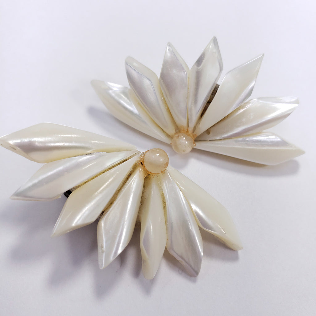 Japan Mother of Pearl Geometric Segmented Clip on Earrings in Gold Tone