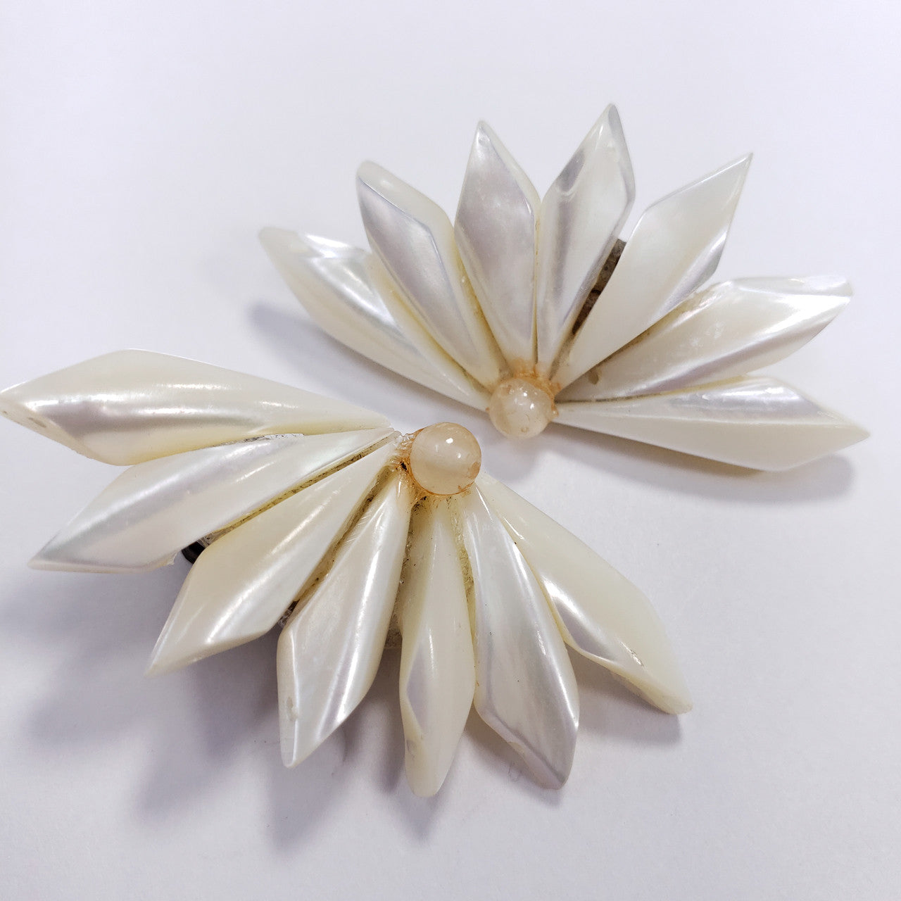 Japan Mother of Pearl Geometric Segmented Clip on Earrings in Gold Tone