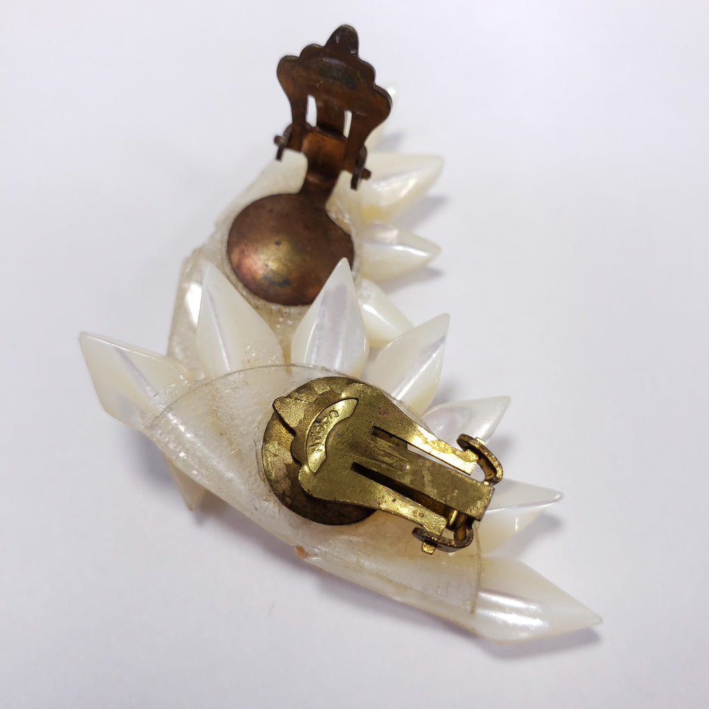 Japan Mother of Pearl Geometric Segmented Clip on Earrings in Gold Tone