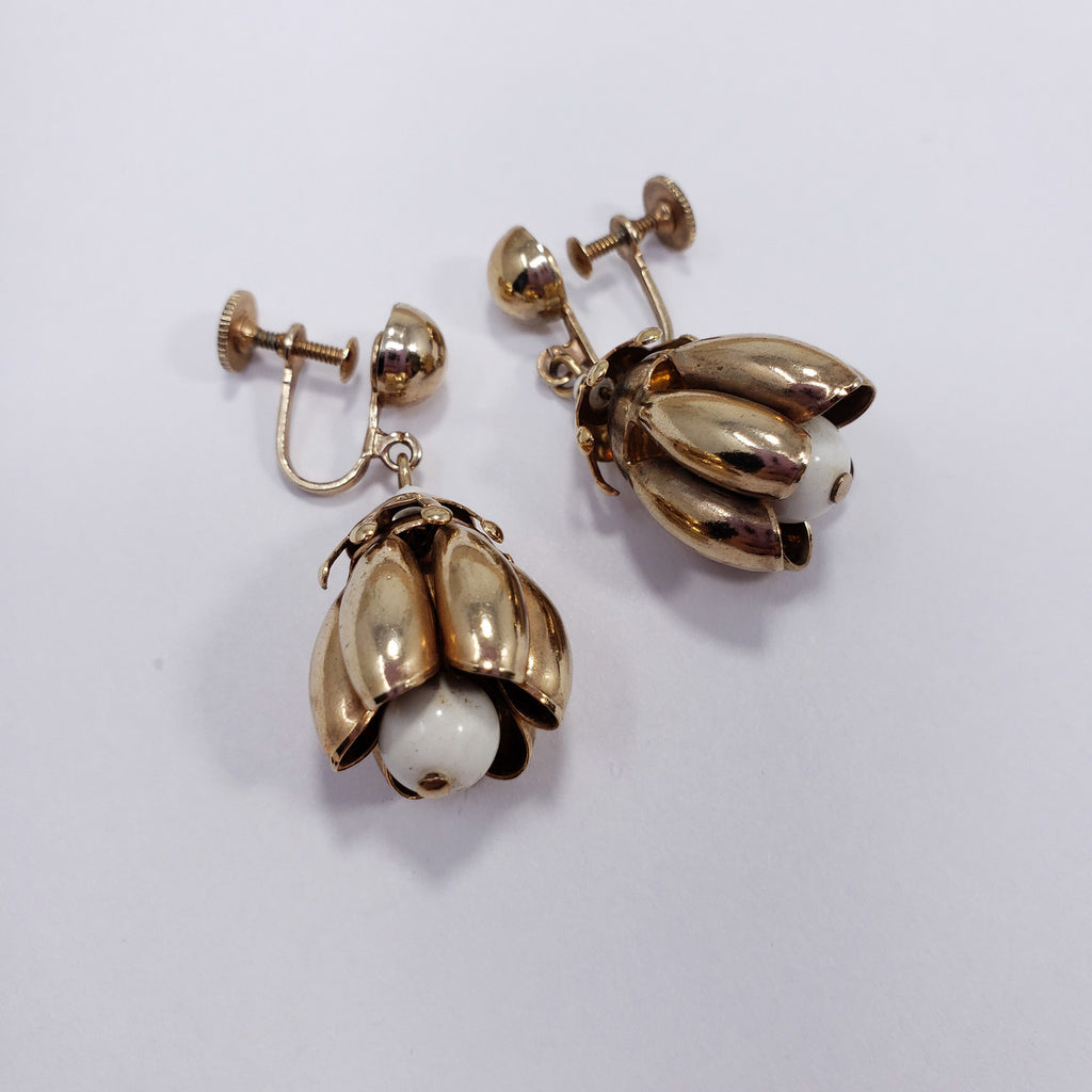Gold Tone Dangling Flower with White Resin Bulb Earrings, Screw