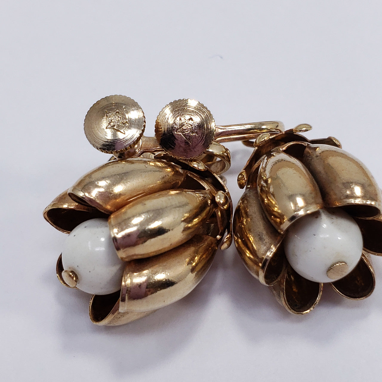 Gold Tone Dangling Flower with White Resin Bulb Earrings, Screw