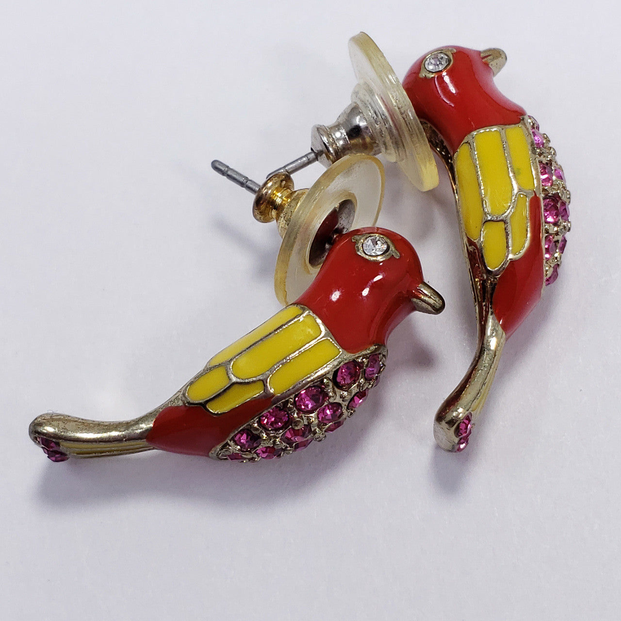 Vintage Rhinestones Enamel Bird Stud Earrings