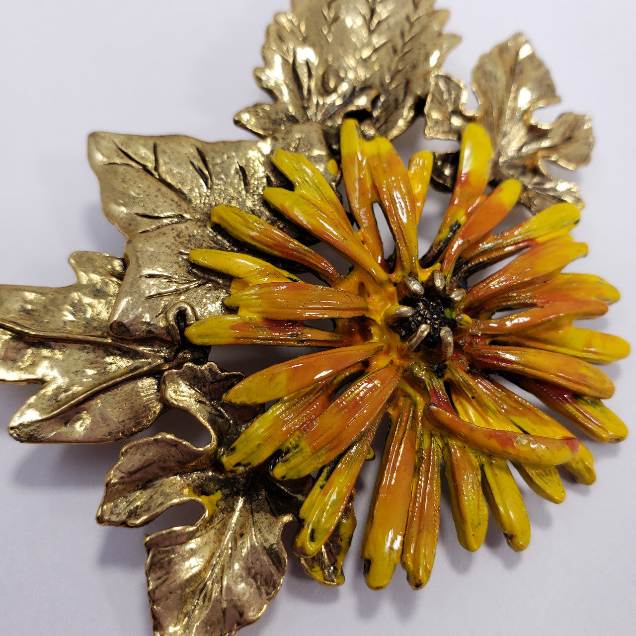 Painted Enamel Flower and and Leaf Pin Brooch in Yellow Goldtone
