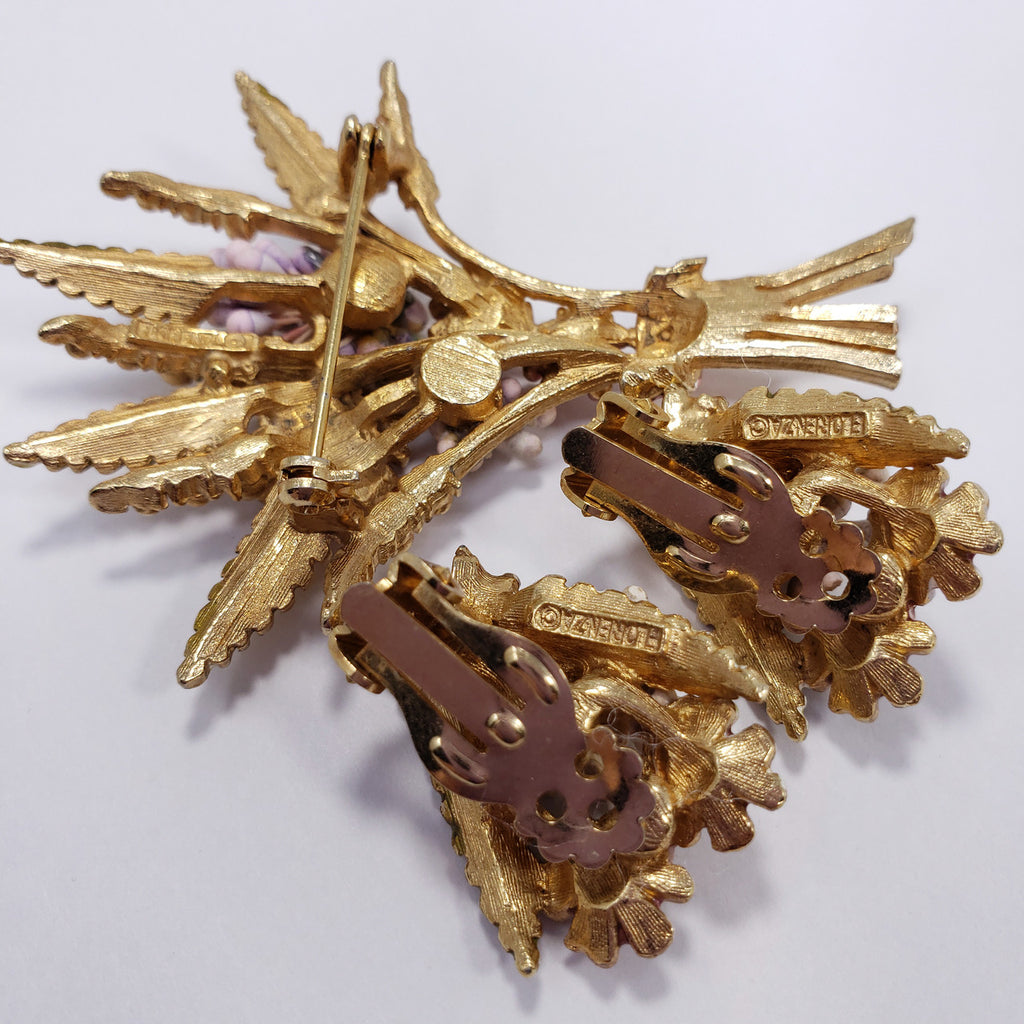 Florenza Harvest Stalk and Flower Bouquet Pin Brooch and Clip On Earrings, Enamel and Crystals