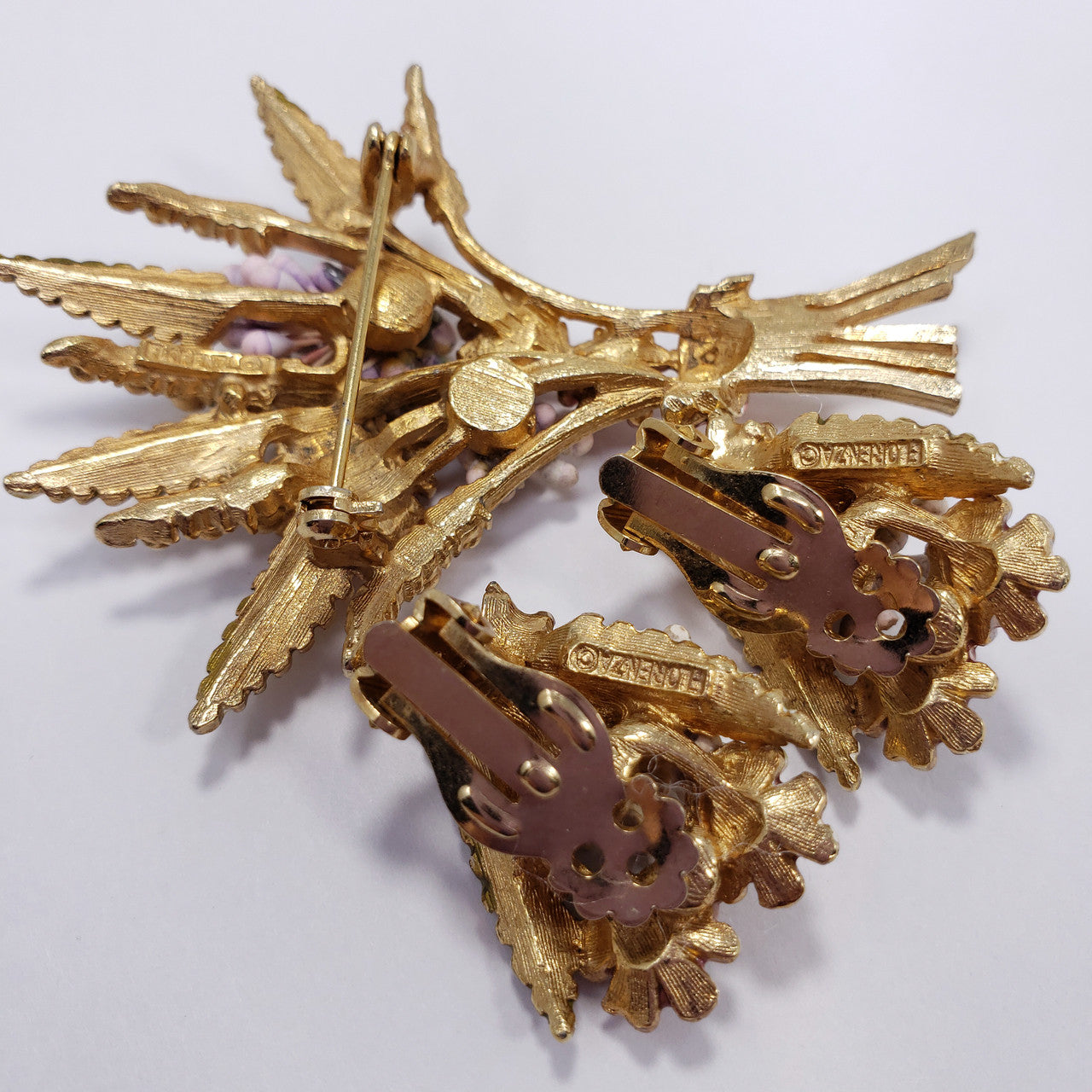 Florenza Harvest Stalk and Flower Bouquet Pin Brooch and Clip On Earrings, Enamel and Crystals