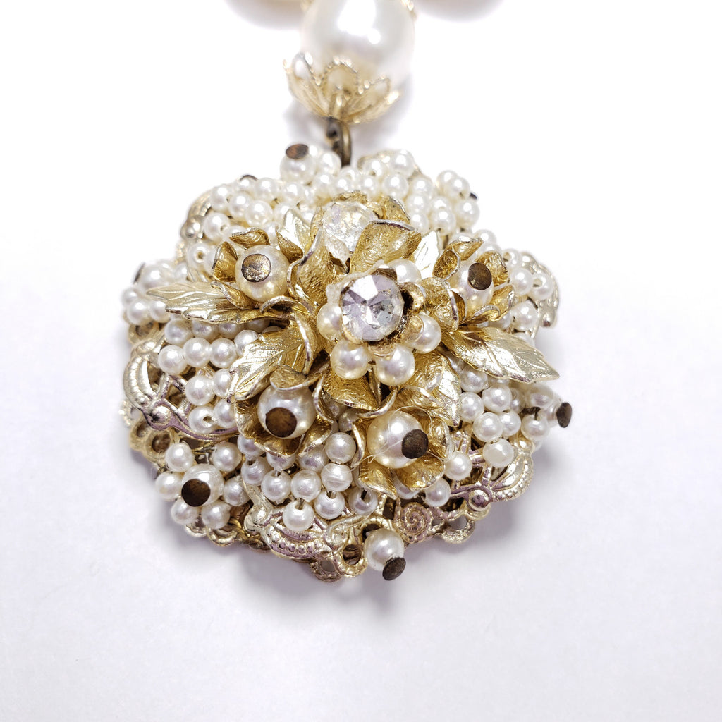 Japan Graduated Faux Pearl Necklace and Cluster Clip On Earrings, Flowers, Crystals