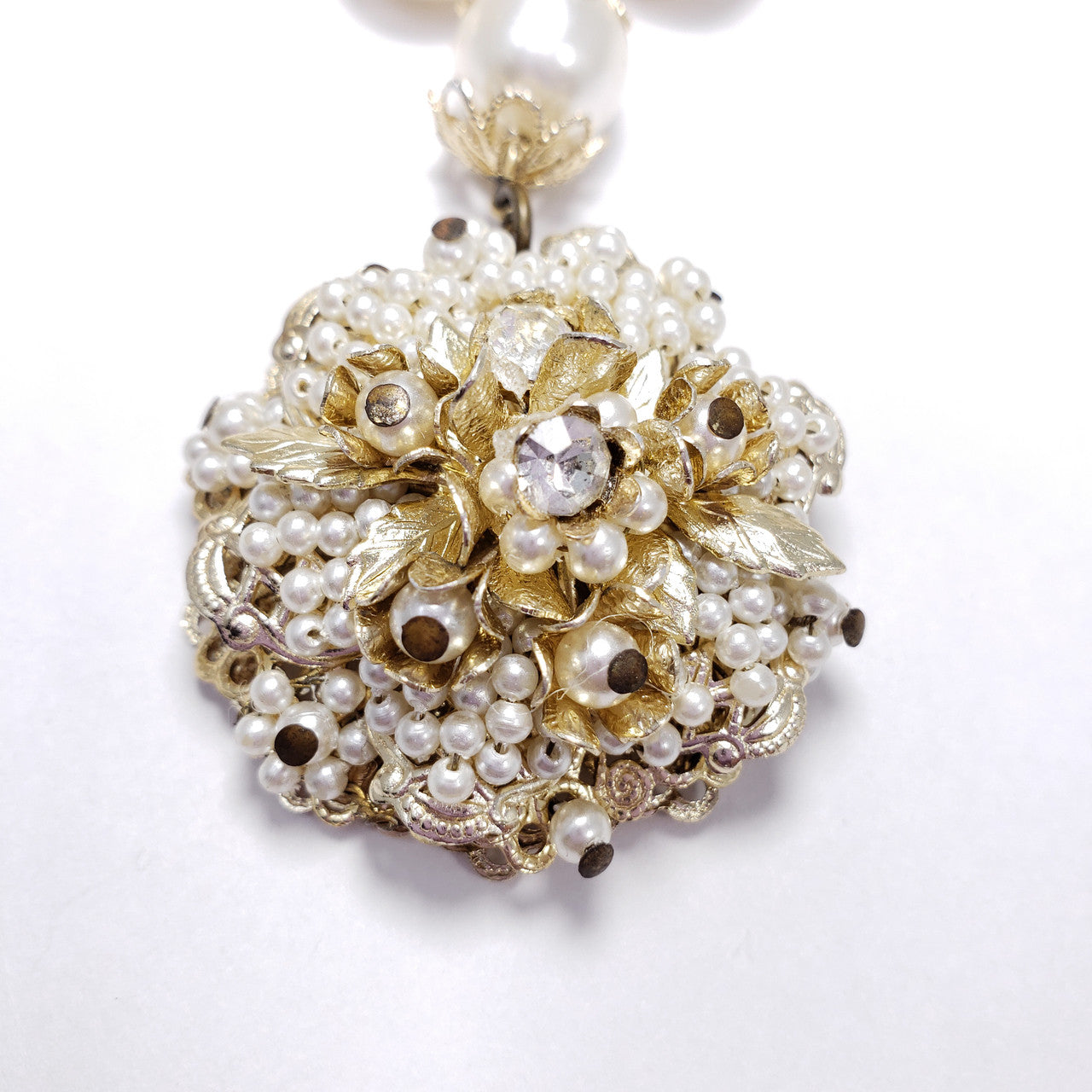 Japan Graduated Faux Pearl Necklace and Cluster Clip On Earrings, Flowers, Crystals