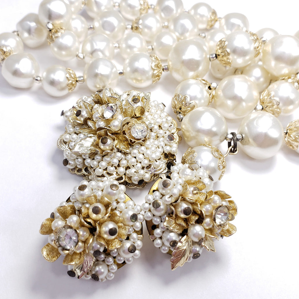 Japan Graduated Faux Pearl Necklace and Cluster Clip On Earrings, Flowers, Crystals