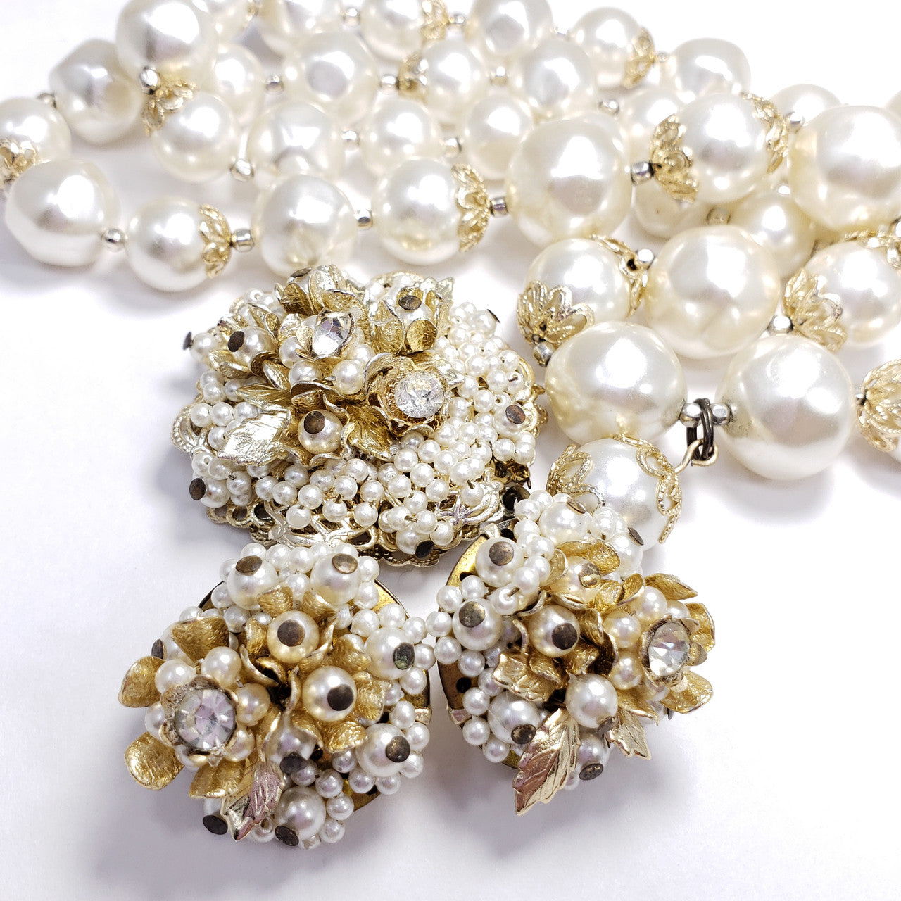 Japan Graduated Faux Pearl Necklace and Cluster Clip On Earrings, Flowers, Crystals