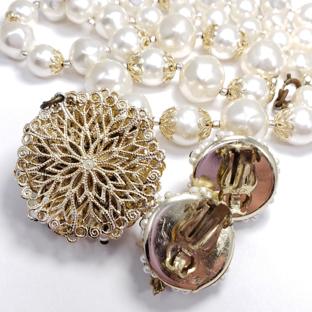 Japan Graduated Faux Pearl Necklace and Cluster Clip On Earrings, Flowers, Crystals