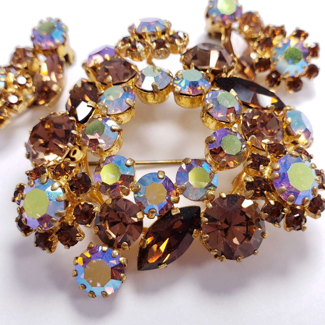 Austrian Aurora Borealis and Amber Colored Crystal Flower Brooch Pin, Clip On Earrings in Gold Tone