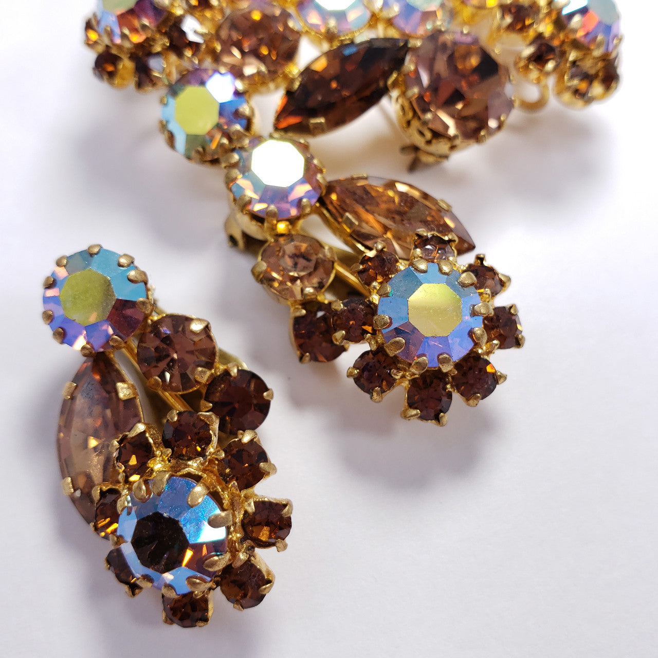 Austrian Aurora Borealis and Amber Colored Crystal Flower Brooch Pin, Clip On Earrings in Gold Tone