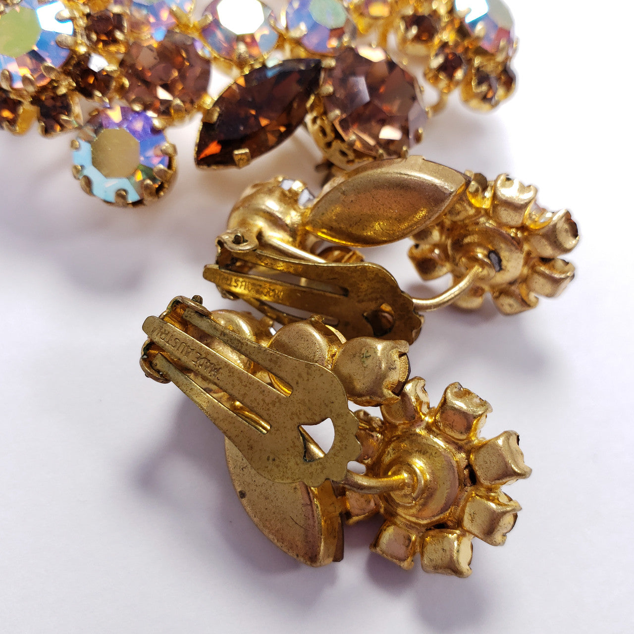 Austrian Aurora Borealis and Amber Colored Crystal Flower Brooch Pin, Clip On Earrings in Gold Tone