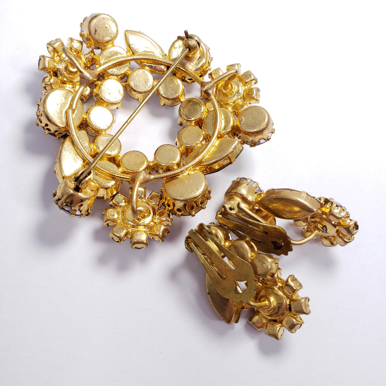 Austrian Aurora Borealis and Amber Colored Crystal Flower Brooch Pin, Clip On Earrings in Gold Tone