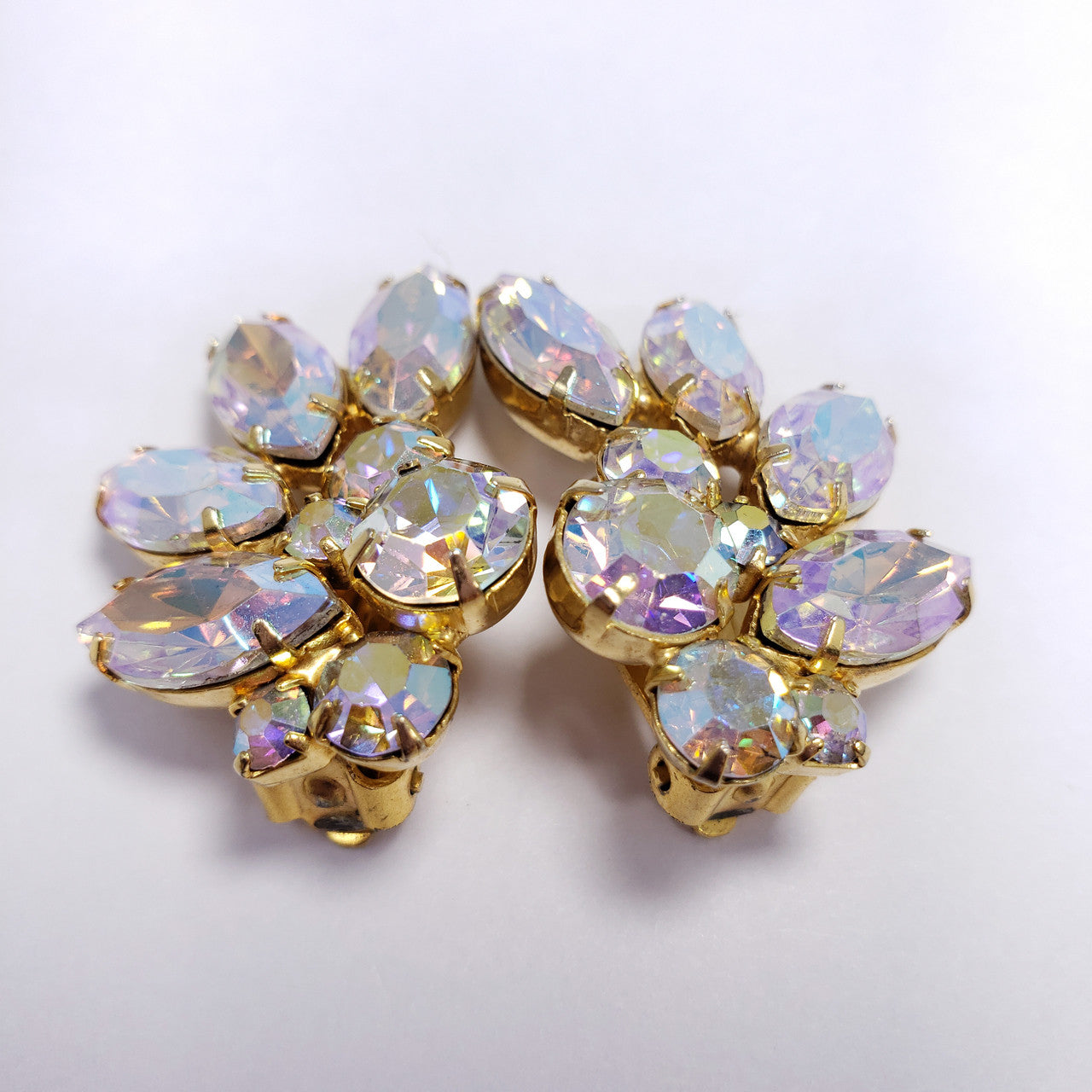 Vintage Leaf Shaped AB Navettes and Chatons Clip On Earrings