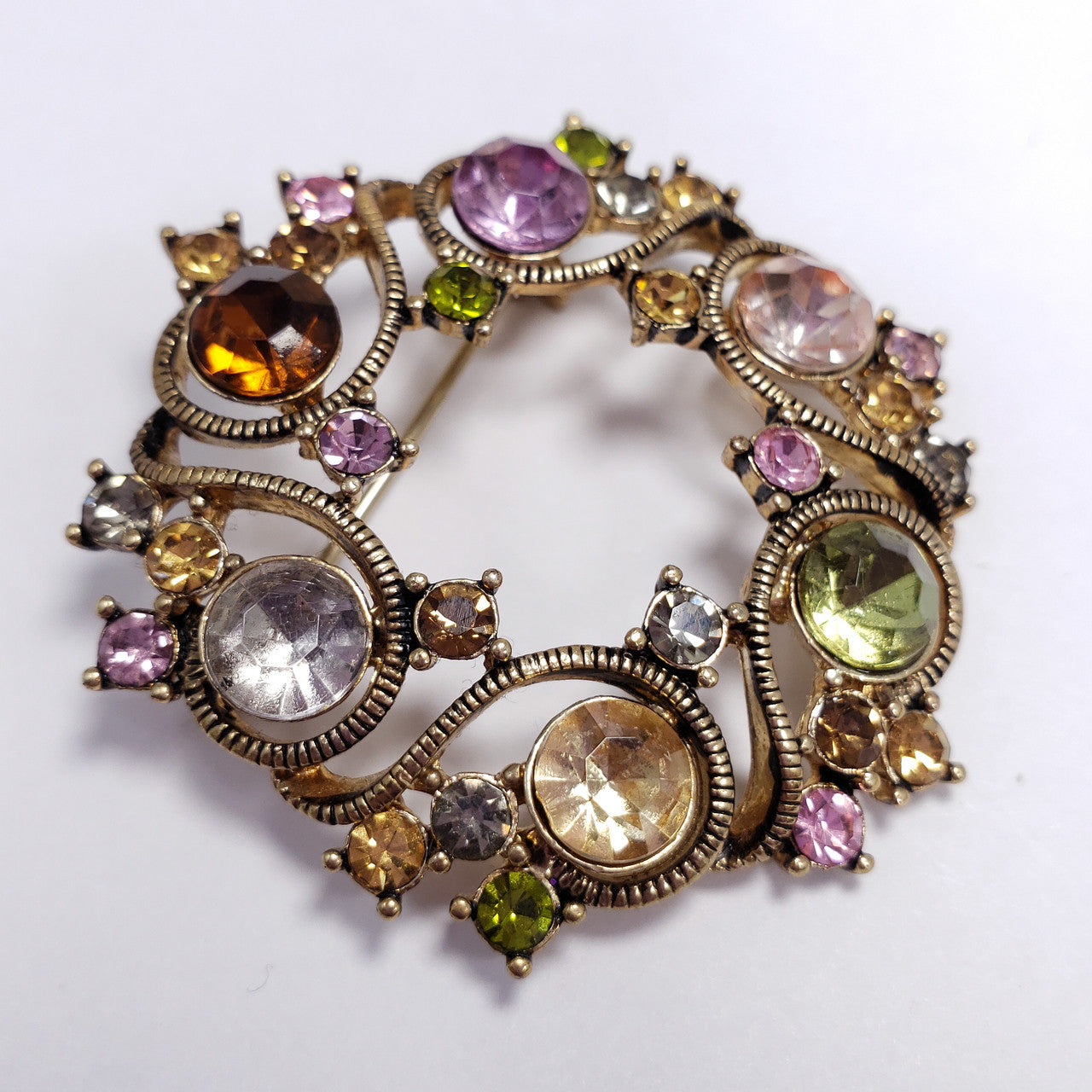 Vintage Monet Antique Gold Tone Color Rhinestone Round 2" Brooch Pin