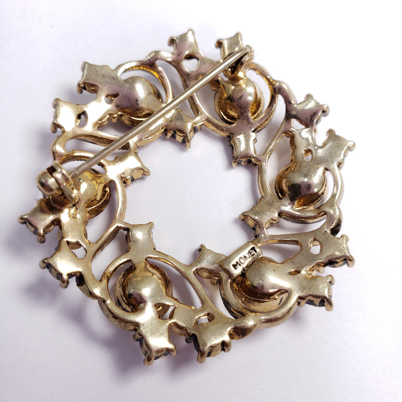 Vintage Monet Antique Gold Tone Color Rhinestone Round 2" Brooch Pin