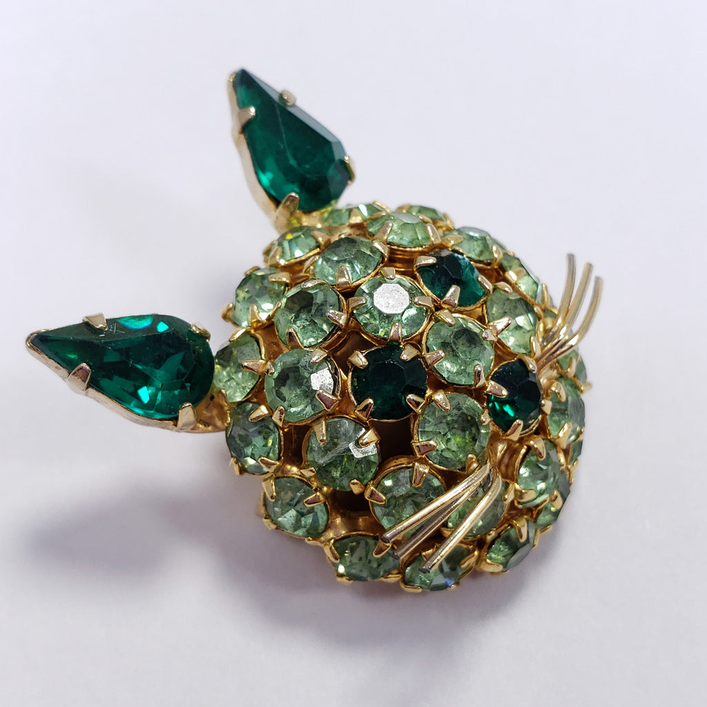 James Warner Green Rhinestone Cat Pin Brooch