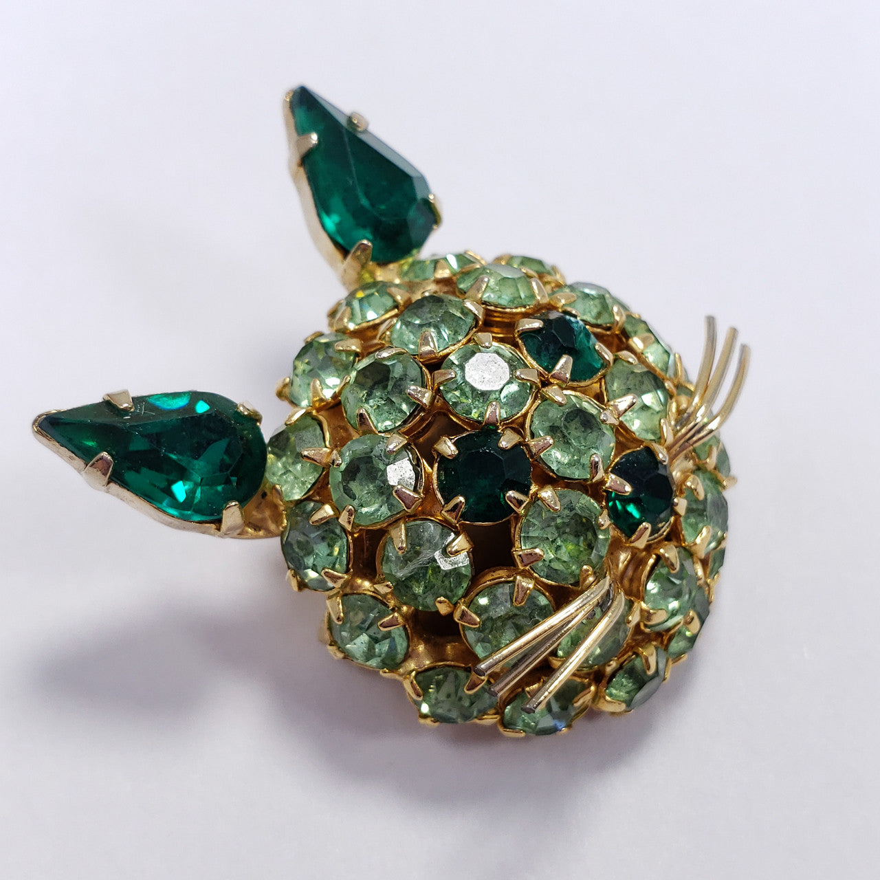 James Warner Green Rhinestone Cat Pin Brooch