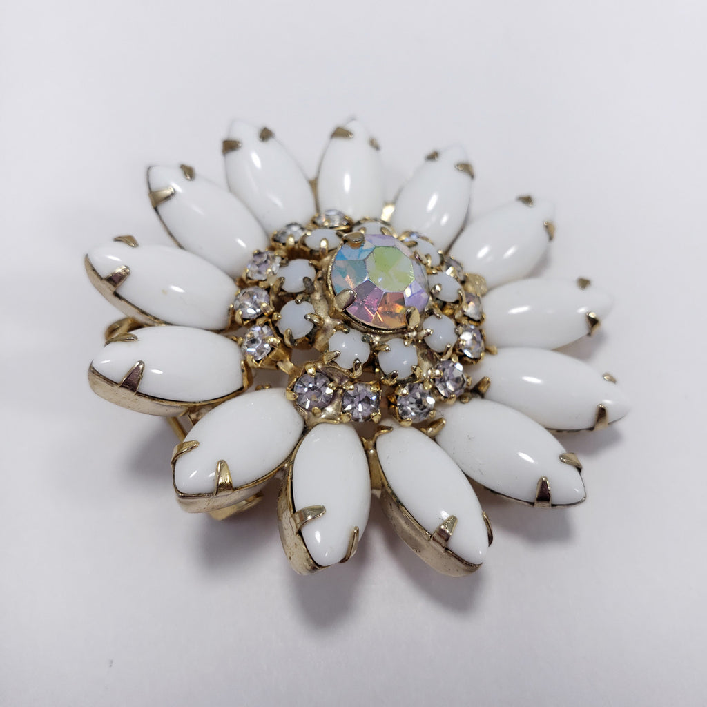 Vintage Unsigned White Milk Glass Rhinestone Flower Pin Brooch