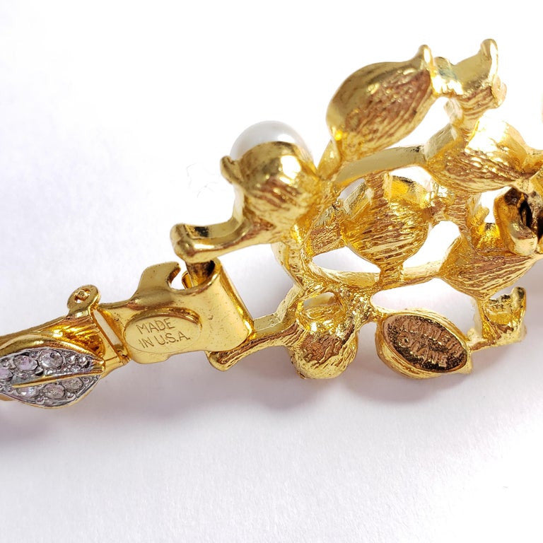 KJLK Kenneth Jay Lane Floral Gold Crystal and Faux Pearl Leaf Link Bracelet