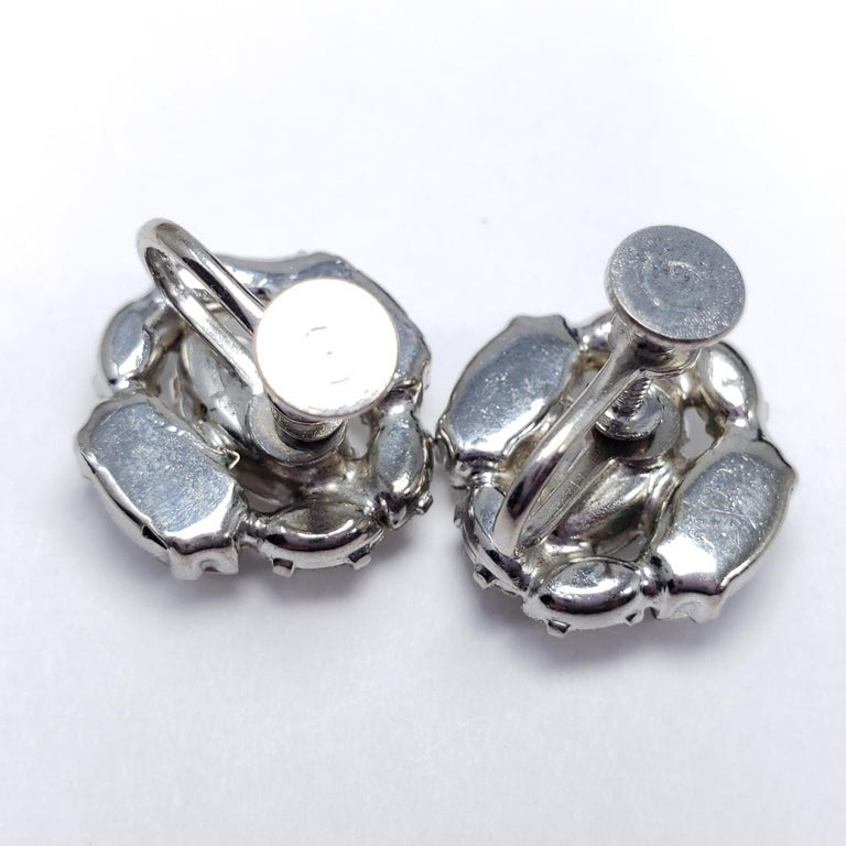 Clear Crystal Cluster Earrings in Silver, Mid 1900s, Prong Set, Screw Back Hardw