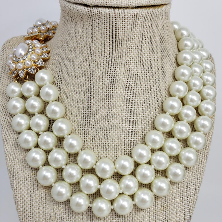 KJL Kenneth Jay Lane Three Strand Faux Pearl Necklace, Clear Crystal Clasp