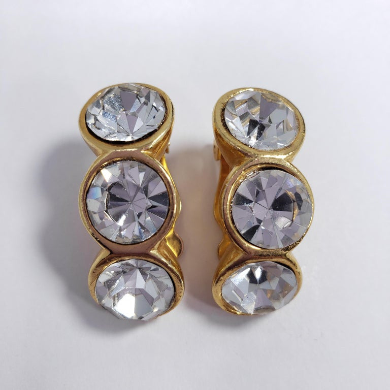 Large Clear 3 Crystal Clip On Earrings in Gold Tone, Mid 1900s