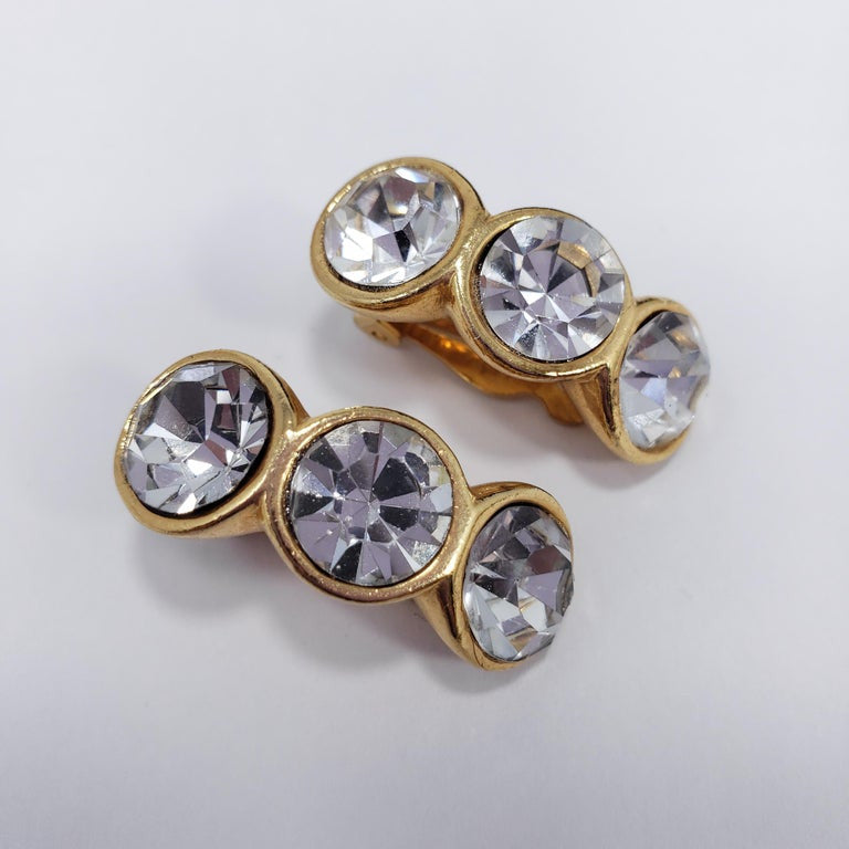 Large Clear 3 Crystal Clip On Earrings in Gold Tone, Mid 1900s