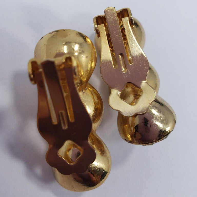 Large Clear 3 Crystal Clip On Earrings in Gold Tone, Mid 1900s