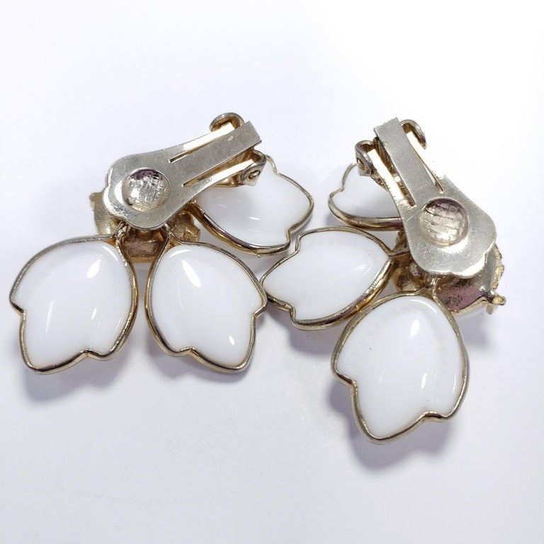 White Carved Glass Petal Clip on Earrings in Gold, Mid 1900s