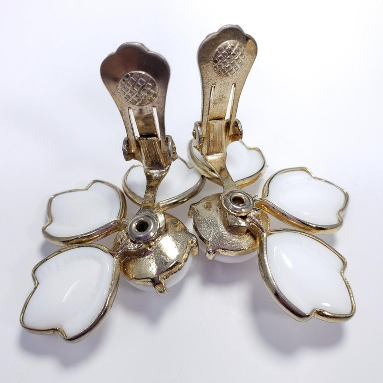 White Carved Glass Petal Clip on Earrings in Gold, Mid 1900s