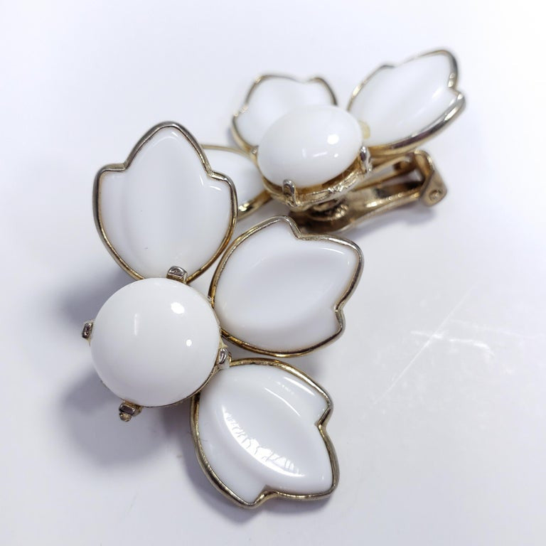 White Carved Glass Petal Clip on Earrings in Gold, Mid 1900s