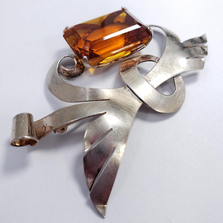 Lampl Sterling Silver Decorative Bow Motif Pin Brooch With Large Orange Crystal