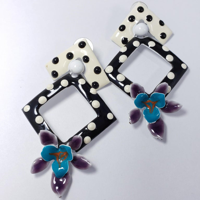 Painted Enamel Polka-Dot Flower Earrings, Post Backs, Black White Teal Purple