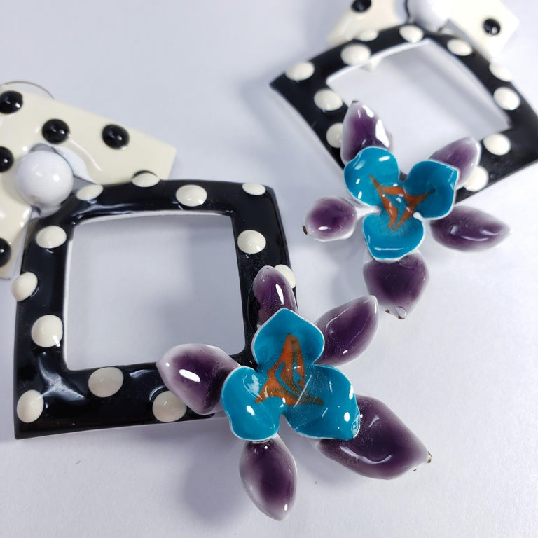 Painted Enamel Polka-Dot Flower Earrings, Post Backs, Black White Teal Purple