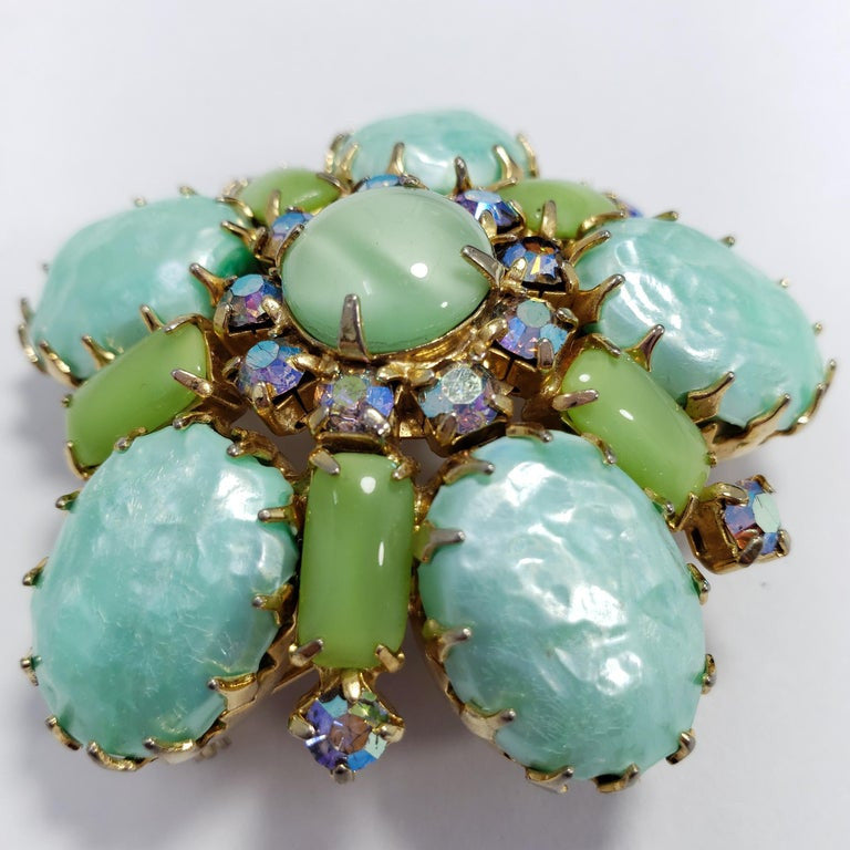 Aurora Borealis Crystal and Opaque Green Cabochon Round Pin Brooch, Mid 1900s