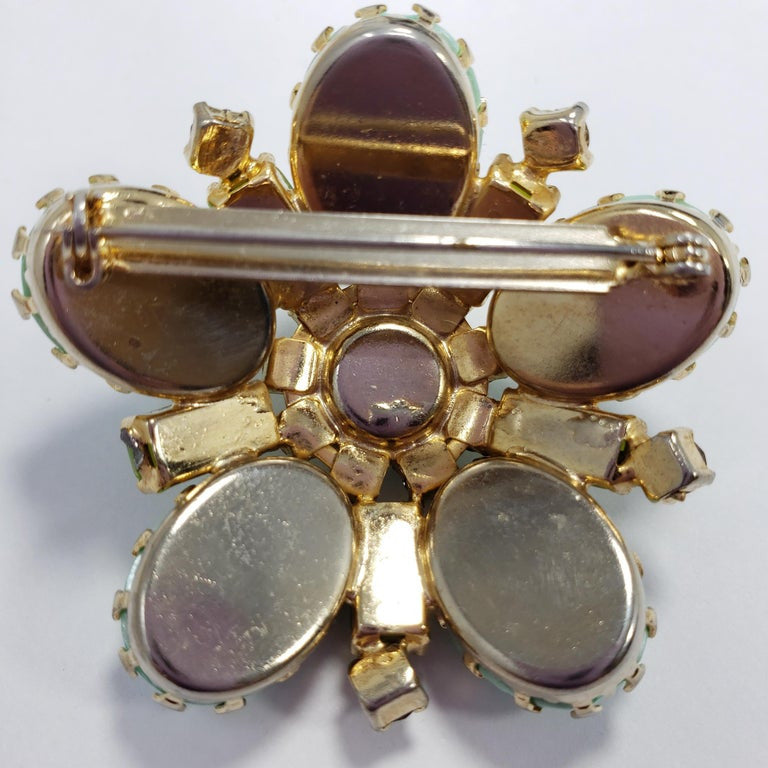 Aurora Borealis Crystal and Opaque Green Cabochon Round Pin Brooch, Mid 1900s