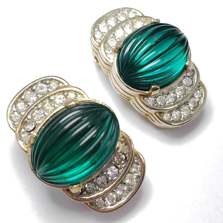 Art Deco Carved Green Open Back Crystal Clip on Earrings in Gold, Early 1900s Back Hardw